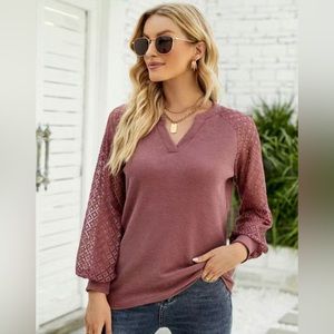 ❤️Lapel Contrast Waffle Lace Long Sleeve V-Neck Blouse